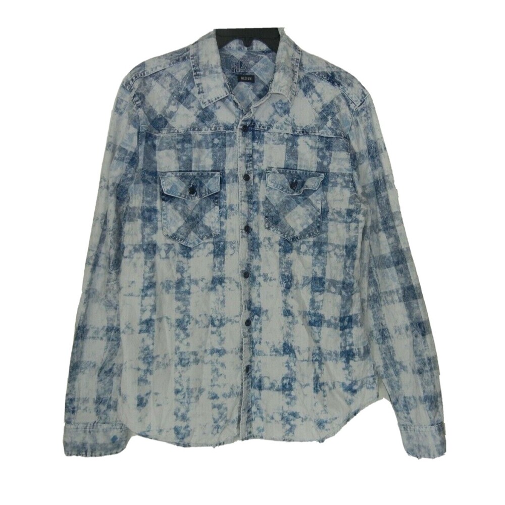 LAZER Womens BUTTON-UP SHIRT Size Medium Plaid Distressed Denim Look Long Sleeve